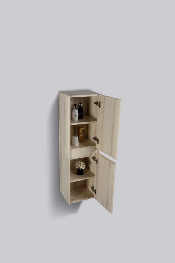 Natural wood bathroom cabinet with multiple shelves and storage space, ideal for bathroom organization and style. Perfect for storing toiletries, towels, and bathroom essentials.