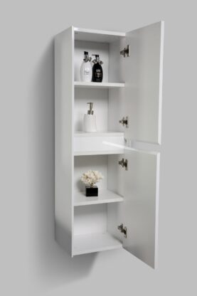 Sleek white bathroom storage cabinet with adjustable shelves and modern design, ideal for organizing toiletries and bathroom essentials.