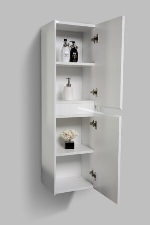 Sleek white bathroom storage cabinet with adjustable shelves and modern design, ideal for organizing toiletries and bathroom essentials.