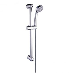 Shower head and slide rail system for bathroom, chrome finish, adjustable height.