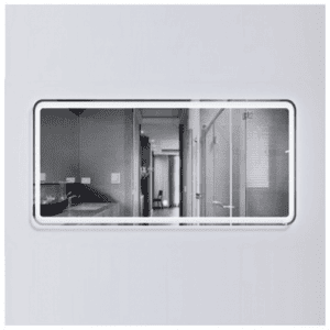 Reflective bathroom mirror with built-in LED lighting in a modern bathroom setting.