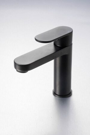 Black modern bathroom sink faucet with sleek design and minimalist style, ideal for contemporary bathrooms. Premium quality fixtures for durability and aesthetics.