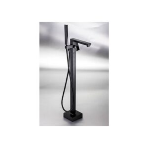 Modern black freestanding bathroom bath mixer tap with handheld shower attachment.