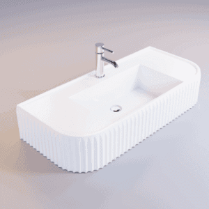 High-quality white bathroom vanity sink with modern design, ideal for contemporary bathrooms, featuring durable ceramic construction and a sleek single-handle faucet.