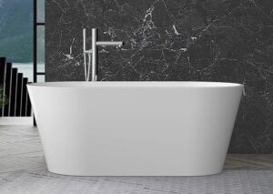 Stylish white freestanding bathtub with modern design in contemporary bathroom setting, perfect for luxury bathroom renovations and spa-inspired spaces.