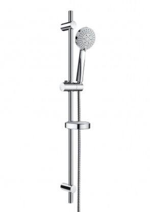 Shower head and rail system in modern bathroom, chrome finish, adjustable height, ideal for bathroom renovation and accessories.