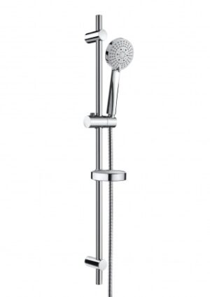 Shower head and rail system in modern bathroom, chrome finish, adjustable height, ideal for bathroom renovation and accessories.
