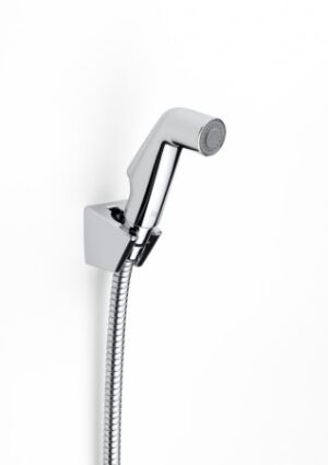 Flexible handheld shower head with chrome finish for bathroom decoration and functionality.