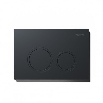 High-quality modern dual-flush toilet actuator plate in black for bathroom aesthetics and water efficiency. Designed for easy installation and durability in bathroom setups.