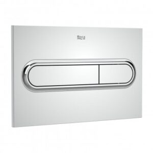 Modern Roca concealed toilet cistern with dual flush buttons, perfect for sleek bathroom designs and water-saving efficiency.