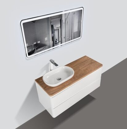 Sleek modern bathroom vanity with wooden countertop, wall-mounted mirror, and eco-friendly sink, ideal for contemporary bathroom renovations in South Africa.