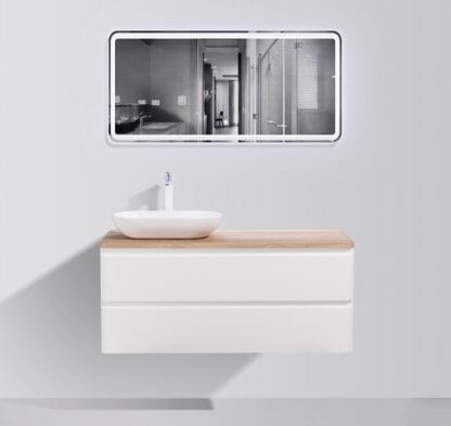 Sleek modern bathroom vanity with a vessel sink and mirror, perfect for contemporary bathroom designs in South Africa. High-quality bathroom fixtures and accessories.