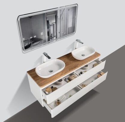 Double bathroom vanity with two white sinks, wooden countertop, mirror, and open drawers with bathroom accessories in a modern bathroom setting.