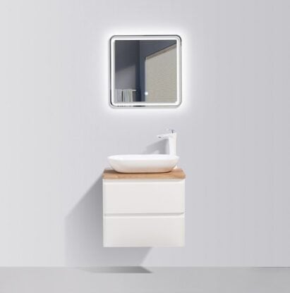 Modern bathroom vanity with a sleek white sink, wooden countertop, illuminated mirror, and minimalist design for contemporary bathrooms.