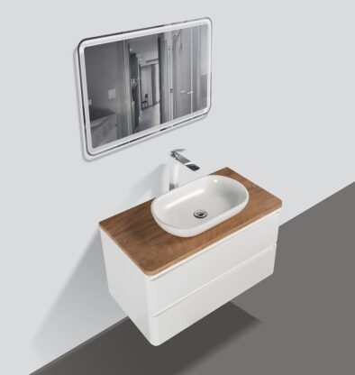 Contemporary bathroom vanity with wooden countertop, oval sink, wall-mounted cabinet, and large mirror for modern bathroom decor.
