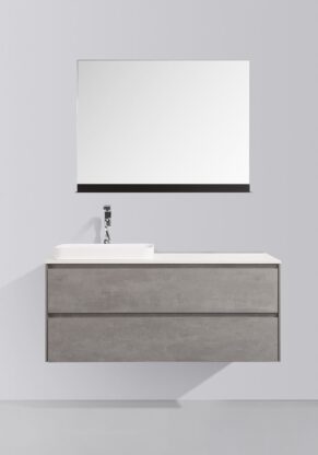 Sleek modern bathroom vanity with integrated sink, minimalist design, grey finish, and large mirror ideal for contemporary bathrooms in South Africa.