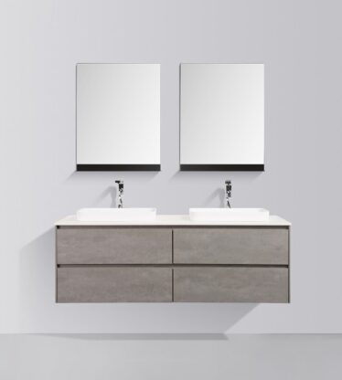 Modern double vanity bathroom set with two sinks, large mirrors, and sleek wooden cabinetry for contemporary bathroom interiors. Perfect for stylish, functional bathroom upgrades.
