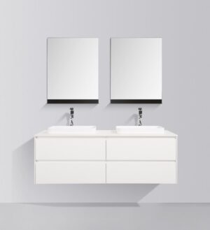 Contemporary white double vanity with two sinks, large mirrors, and sleek cabinetry for modern bathroom design. Perfect for stylish, functional bathroom storage.