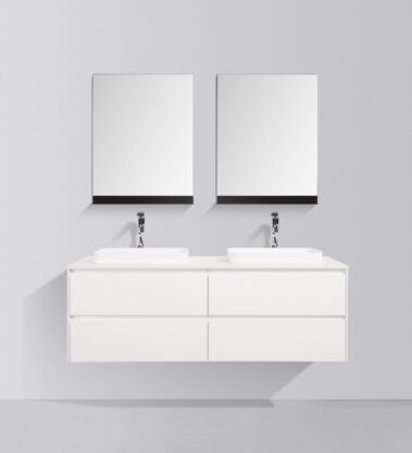 Contemporary white double vanity with two sinks, large mirrors, and sleek cabinetry for modern bathroom design. Perfect for stylish, functional bathroom storage.