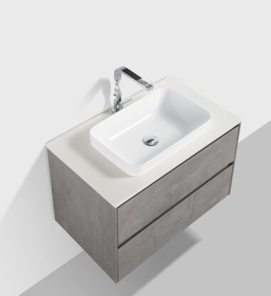 Contemporary bathroom vanity with integrated sink and modern tap, perfect for stylish bathroom renovations.