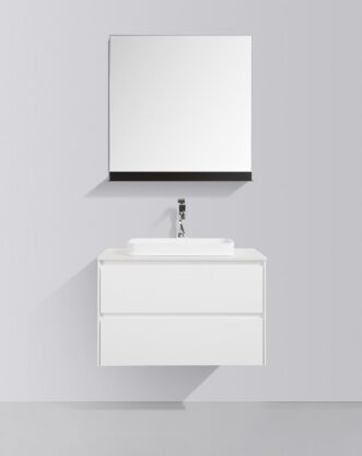Modern white bathroom vanity with a wall-mounted mirror and sleek faucet - stylish and functional bathroom furniture from Bathroom Store, South Africa.