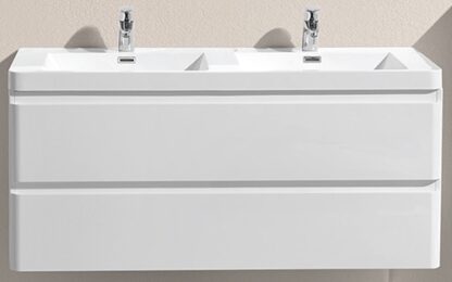 Modern dual-sink bathroom vanity with sleek white finish, ideal for contemporary bathrooms, providing ample storage and functional design.