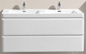 Double bathroom vanity with two sinks and storage drawers in a modern, minimalist design, ideal for contemporary bathroom renovations in South Africa.