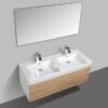 Double bathroom vanity with two sinks and a large mirror, modern design, ideal for contemporary bathrooms, featuring a wooden cabinet and sleek chrome faucets.
