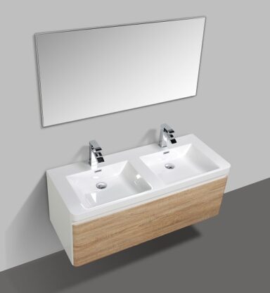 Double bathroom vanity with two sinks and a large mirror, modern design, ideal for contemporary bathrooms, featuring a wooden cabinet and sleek chrome faucets.