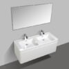 Modern double vanity sink with two chrome faucets and large mirror for stylish bathroom design, available at Bathroom Store South Africa.