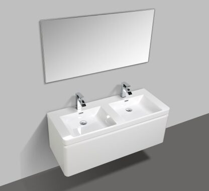 Modern double vanity sink with two chrome faucets and large mirror for stylish bathroom design, available at Bathroom Store South Africa.
