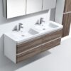 Modern double bathroom vanity with wooden cabinetry and white ceramic sinks, ideal for contemporary bathrooms. Perfect for stylish bathroom renovations and fittings.