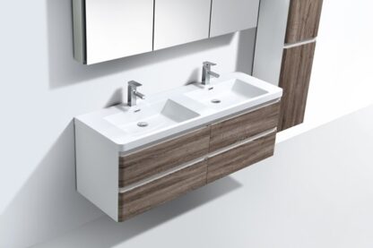 Modern double bathroom vanity with wooden cabinetry and white ceramic sinks, ideal for contemporary bathrooms. Perfect for stylish bathroom renovations and fittings.