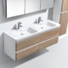 Double vanity bathroom sink with modern design, wooden drawers, and contemporary faucets for stylish bathroom renovations. Perfect for elegant bathroom spaces.