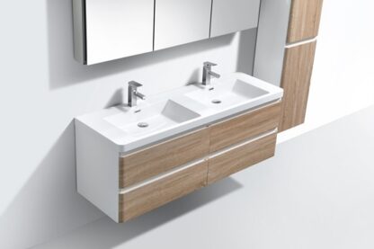 Double vanity bathroom sink with modern design, wooden drawers, and contemporary faucets for stylish bathroom renovations. Perfect for elegant bathroom spaces.