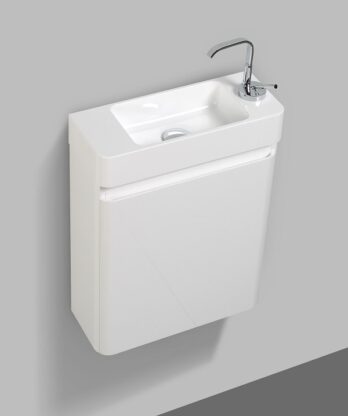 Compact wall-mounted lavabo with integrated faucet, ideal for small bathrooms and utility spaces in South Africa. Sleek, space-saving design perfect for modern bathrooms.