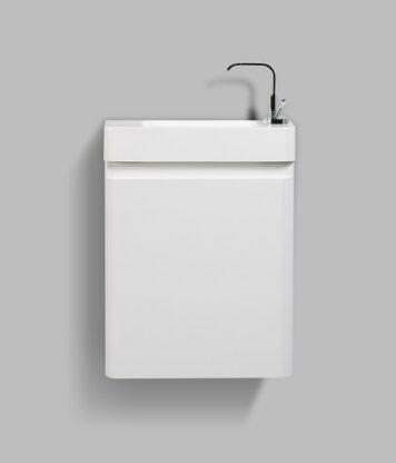 White bathroom vanity with integrated sink and sleek tap for modern bathroom decor. Ideal for small spaces and contemporary styles. Durable, stylish, and functional.