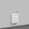Modern white wall-mounted bathroom sink with a sleek design and chrome faucet, ideal for contemporary bathrooms. Perfect for small spaces and easy to install.