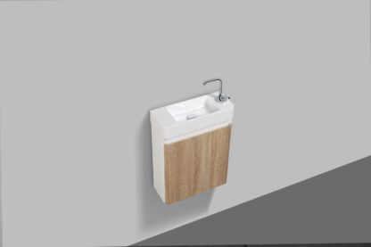 Wall-mounted bathroom vanity with integrated sink and wooden cabinet, ideal for compact bathrooms, featuring modern design and durable materials. Perfect for contemporary bathroom decor.