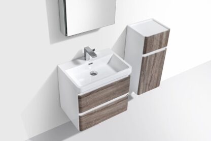 Modern white bathroom vanity with wood finish drawers and matching wall-mounted cabinet, ideal for contemporary bathroom spaces in South Africa.