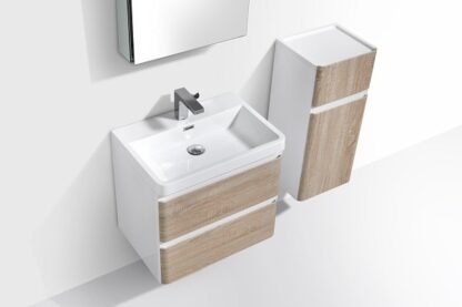 Contemporary wall-mounted bathroom vanity with integrated sink and wood finish, ideal for modern South African bathrooms.
