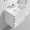 Modern white bathroom vanity with integrated sink and storage cabinet, perfect for contemporary bathroom decor. High-quality fixtures and sleek design for optimal functionality and style.