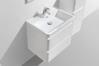 Modern white bathroom vanity with integrated sink and storage cabinet, perfect for contemporary bathroom decor. High-quality fixtures and sleek design for optimal functionality and style.
