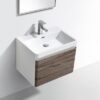 Elegant bathroom vanity with a wooden finish and modern ceramic sink, perfect for contemporary bathroom decor and optimal space utilization.