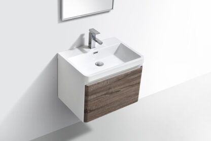 Elegant bathroom vanity with a wooden finish and modern ceramic sink, perfect for contemporary bathroom decor and optimal space utilization.