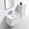 Modern white bathroom vanity with integrated sink and sleek tap, ideal for contemporary bathroom designs. Perfect for stylish and functional bathroom setups.