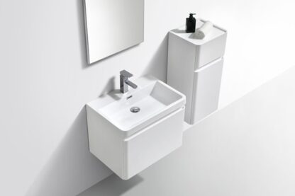 Modern white bathroom vanity with integrated sink and sleek tap, ideal for contemporary bathroom designs. Perfect for stylish and functional bathroom setups.