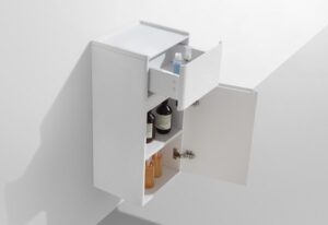 A white bathroom wall cabinet with open drawers and storage shelves holding toiletries and bottles. Suitable for bathroom organization and space-saving storage.