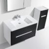 Modern black and white bathroom vanity with integrated sink and matching wall-mounted storage cabinet, perfect for contemporary bathroom decor.