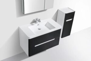 Modern black and white bathroom vanity with integrated sink and matching wall-mounted storage cabinet, perfect for contemporary bathroom decor.